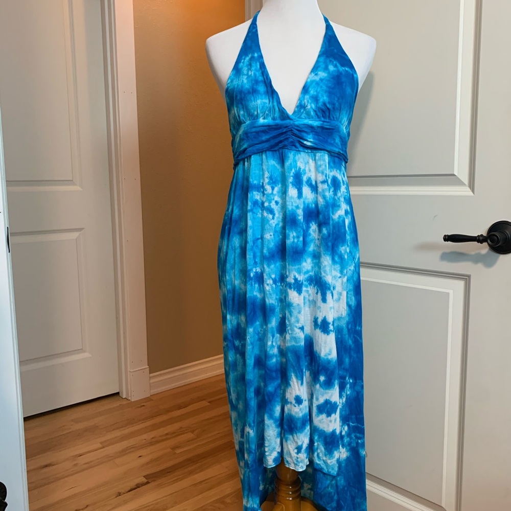 Tie Dye Hi Low Halter Swim Cover Up Dress - Blue L